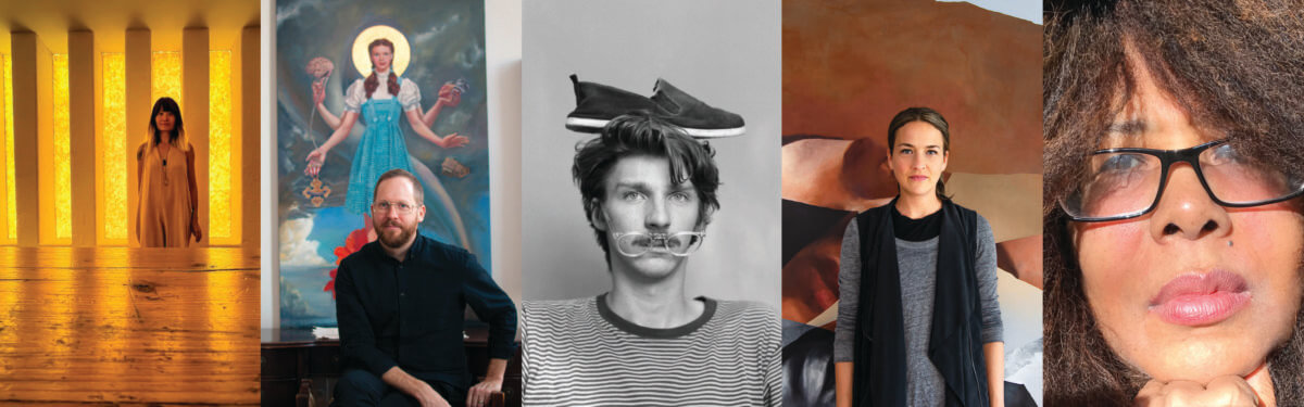 Head shots of, left-to-right: writer Wah-Ming Chang, painter Carl Grauer, photographer Sam Margevicius, visual artist Lacey McKinney, and poet and writer Kathy Z. Price