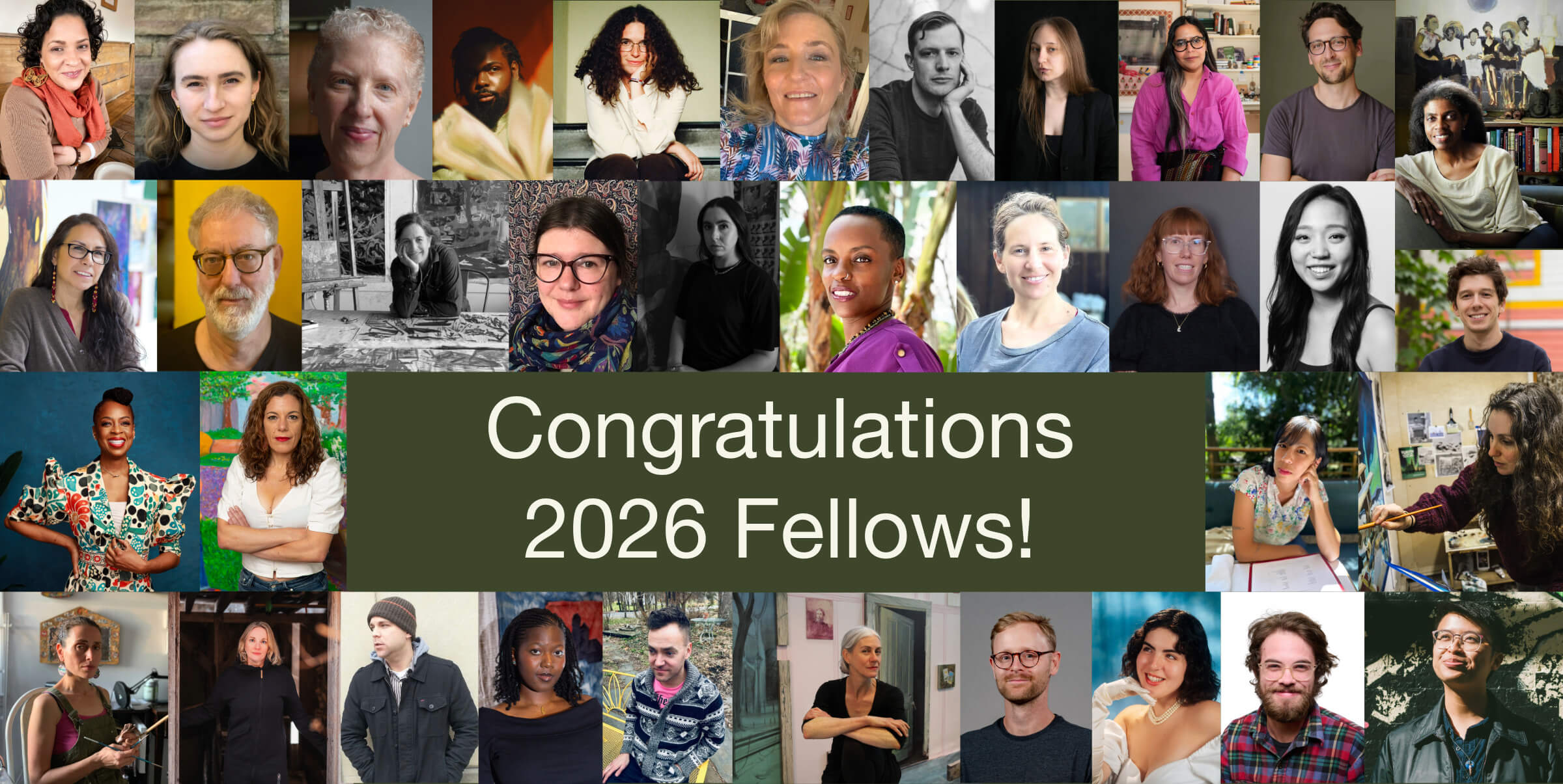 Small photos of all 35 fellowship recipients surrounding text that reads, Congratulations 2026 Fellows