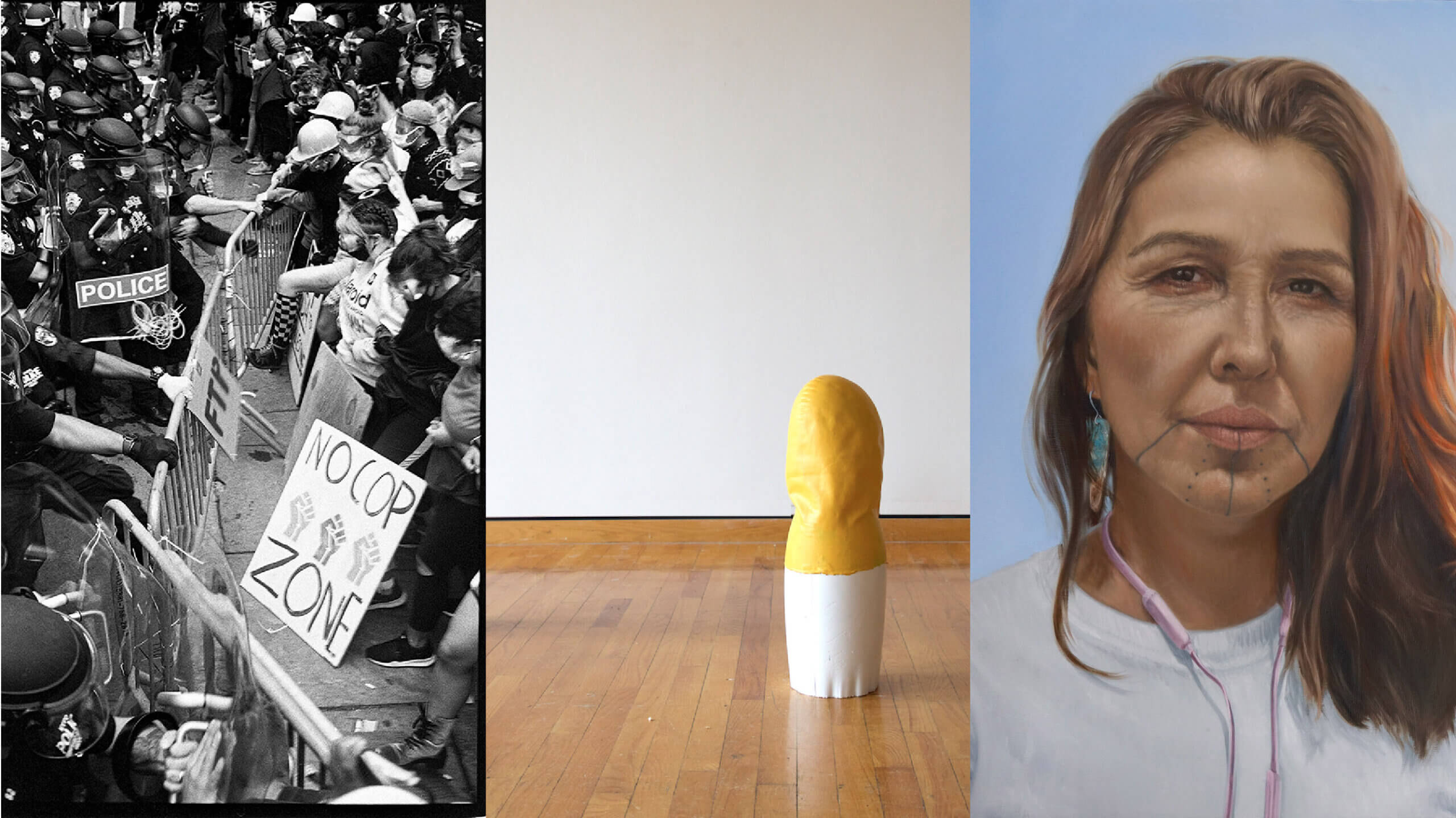 a black and white protest photo, a minimalist sculpture, a portrait of a Native woman