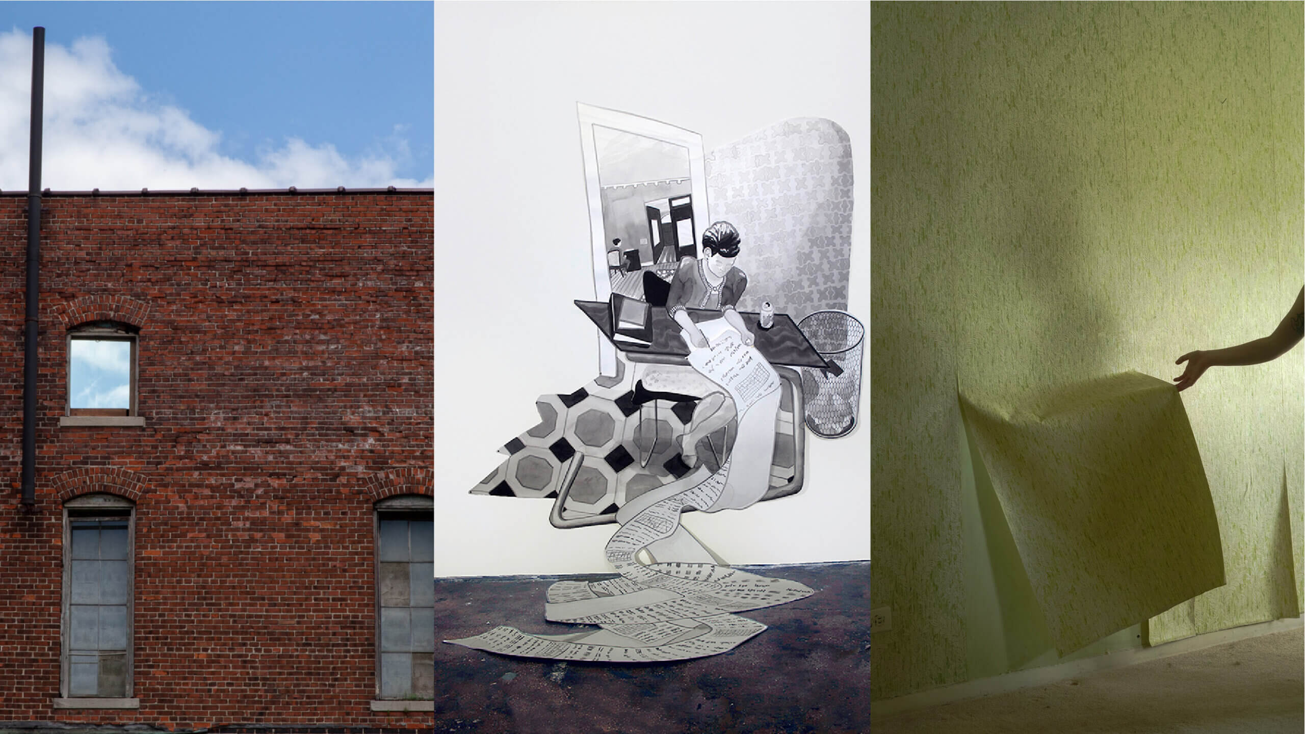 installations, works on paper, and a photograph representing three Saltonstall artists-in-residence