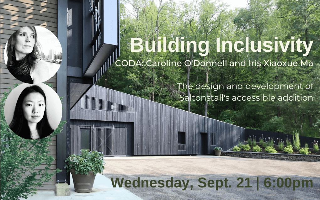 photo of the new addition overlaid with text advertising a talk by architect Caroline O'Donnell on September 21