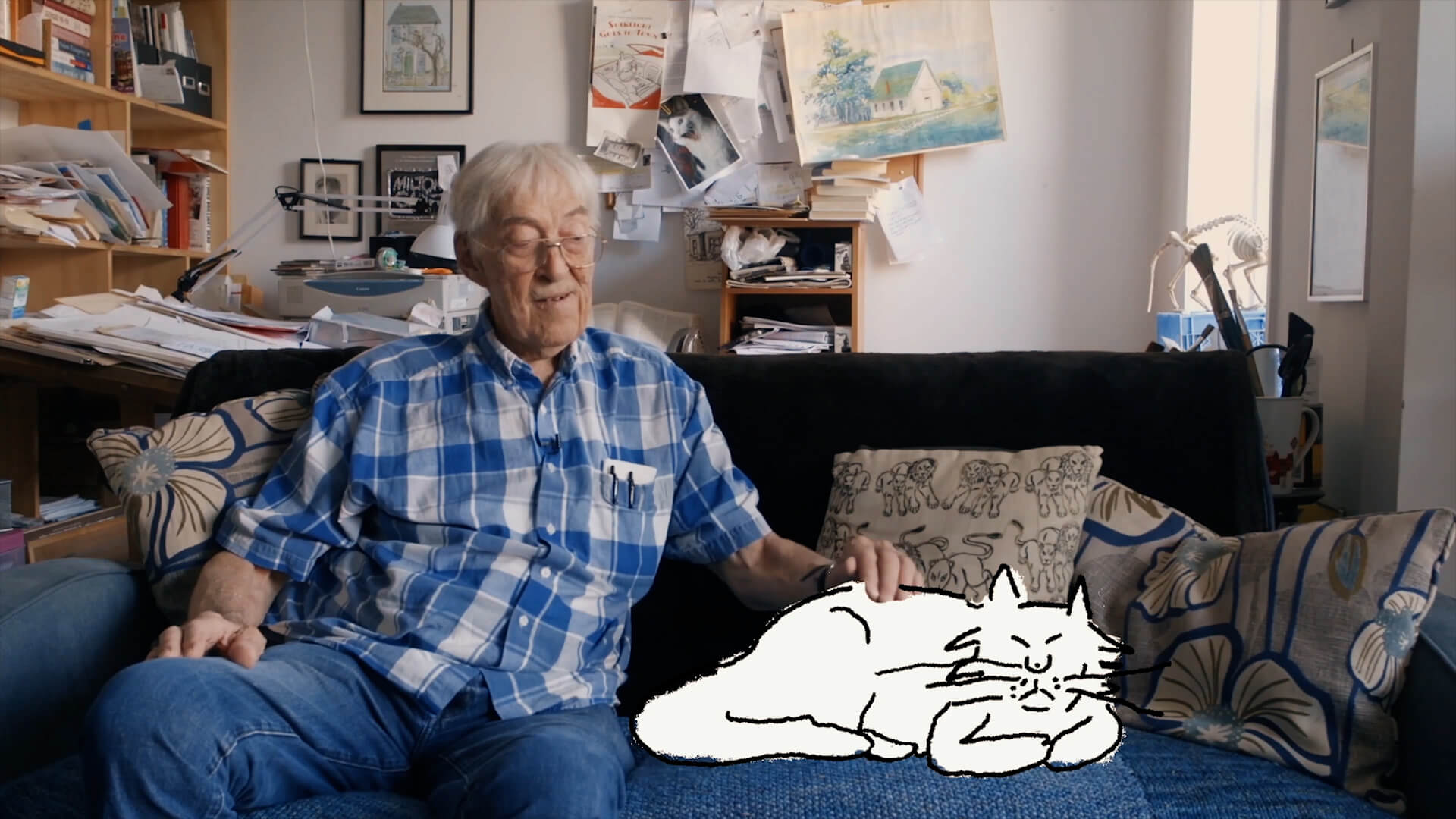 promotional image for Drawing Life documentary with George Booth sitting on a couch