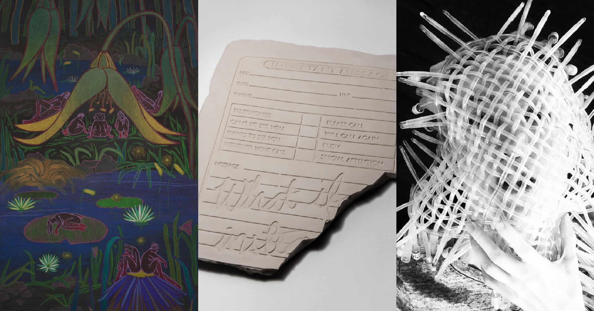 three arts works by Katlyn Brumfield, Frank Chang, and Natalie de Segonzac