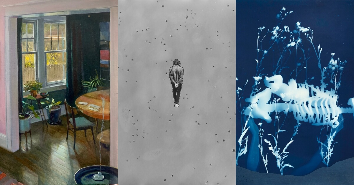 Three works by, left-to-right: Carl Grauer, Sam Margevicius, and Lacey McKinney to advertise their open house event on July 9, 2023.