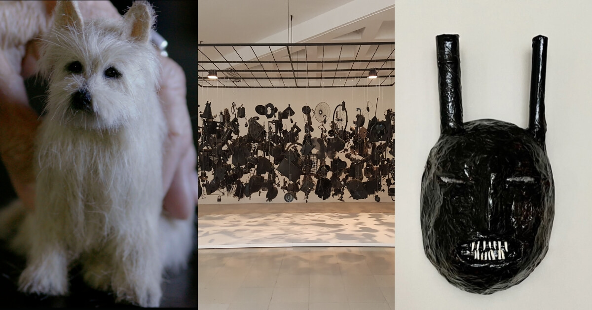 A still image by video artist Veena Rao, and sculptures by visual artists Bipasha Hayat and Carol Bruns.